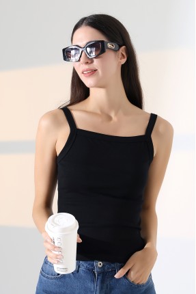 Ribana Kumaş Kare Yaka Kalın Askılı Biyeli Basic Kadın Atlet T-Shirt 22018 SİYAH