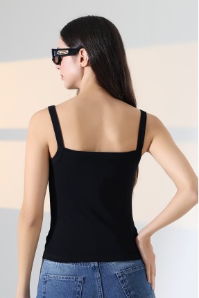 Ribana Kumaş Kare Yaka Kalın Askılı Biyeli Basic Kadın Atlet T-Shirt 22018 SİYAH
