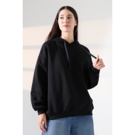 Relax Rahat Kesim Kapşonlu Salaş Oversize Kolları Geniş Basic Kadın Sweatshirt 21966 SİYAH