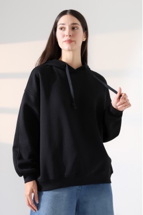 Relax Rahat Kesim Kapşonlu Salaş Oversize Kolları Geniş Basic Kadın Sweatshirt 21966 SİYAH