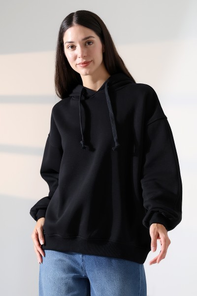 Relax Rahat Kesim Kapşonlu Salaş Oversize Kolları Geniş Basic Kadın Sweatshirt 21966 SİYAH