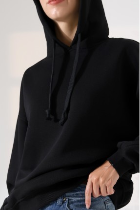 Relax Rahat Kesim Kapşonlu Salaş Oversize Kolları Geniş Basic Kadın Sweatshirt 21966 SİYAH