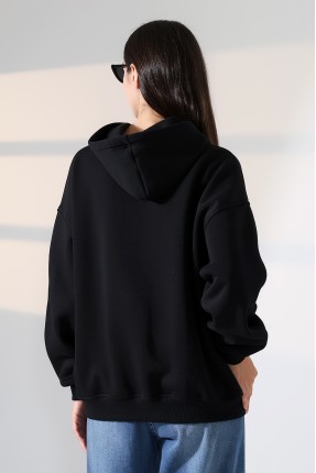 Relax Rahat Kesim Kapşonlu Salaş Oversize Kolları Geniş Basic Kadın Sweatshirt 21966 SİYAH