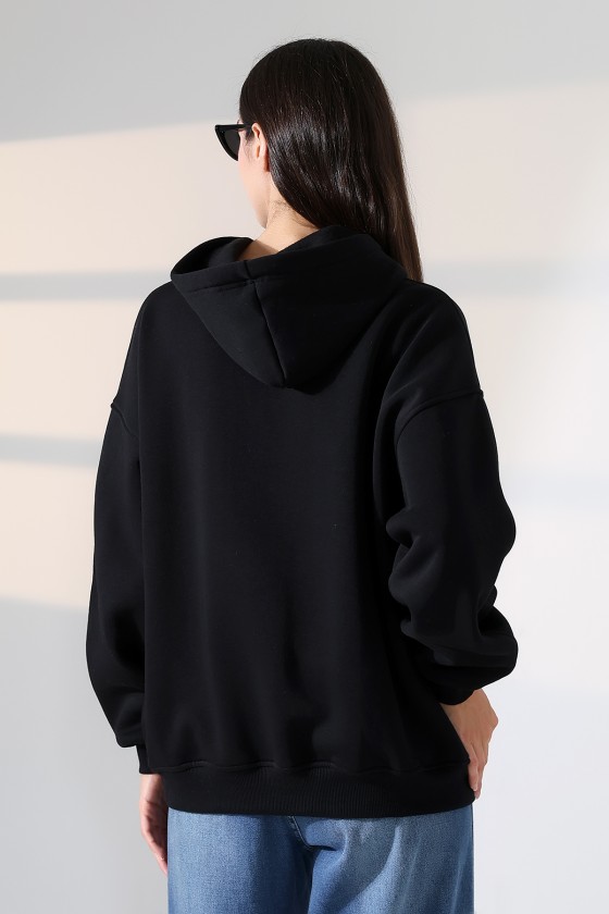 Relax Rahat Kesim Kapşonlu Salaş Oversize Kolları Geniş Basic Kadın Sweatshirt 21966 SİYAH