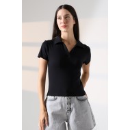Relax Fit Rahat Kesim Pamuklu Ribana Gömlek Yaka Kısa Kol Basic Kadın Tshirt 22023 SİYAH