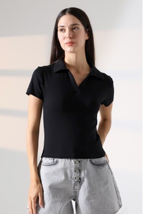 Relax Fit Rahat Kesim Pamuklu Ribana Gömlek Yaka Kısa Kol Basic Kadın Tshirt 22023 SİYAH