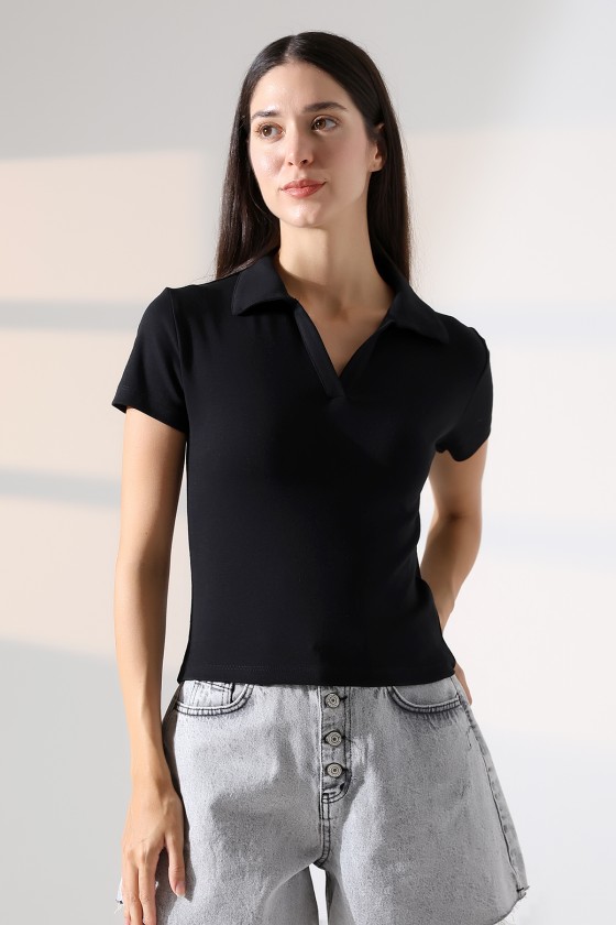 Relax Fit Rahat Kesim Pamuklu Ribana Gömlek Yaka Kısa Kol Basic Kadın Tshirt 22023 SİYAH