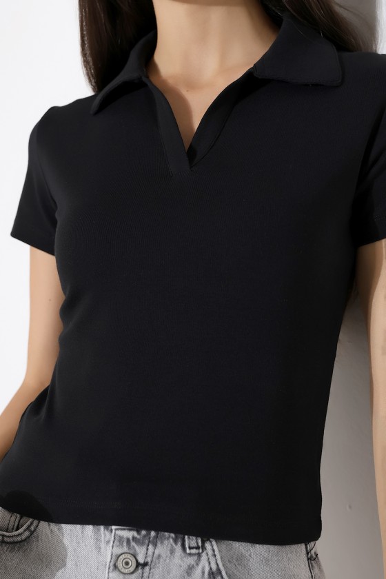 Relax Fit Rahat Kesim Pamuklu Ribana Gömlek Yaka Kısa Kol Basic Kadın Tshirt 22023 SİYAH
