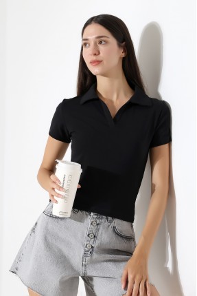 Relax Fit Rahat Kesim Pamuklu Ribana Gömlek Yaka Kısa Kol Basic Kadın Tshirt 22023 SİYAH