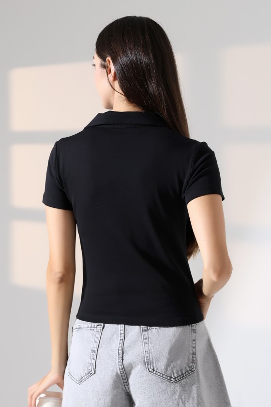 Relax Fit Rahat Kesim Pamuklu Ribana Gömlek Yaka Kısa Kol Basic Kadın Tshirt 22023 SİYAH