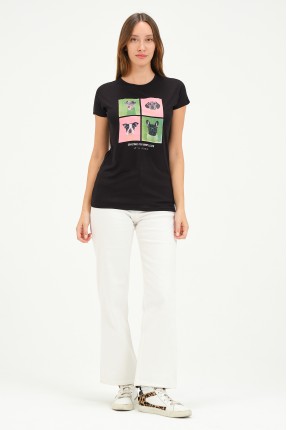 Bisiklet Yaka Kısa Kollu Normal Size Baskılı Basic Kadın T-Shirt 20601 SİYAH