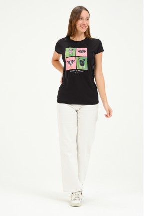 Bisiklet Yaka Kısa Kollu Normal Size Baskılı Basic Kadın T-Shirt 20601 SİYAH