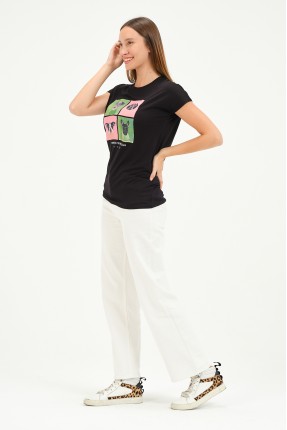Bisiklet Yaka Kısa Kollu Normal Size Baskılı Basic Kadın T-Shirt 20601 SİYAH
