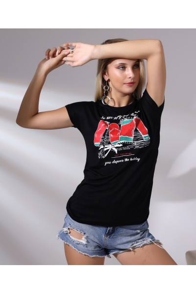 Bisiklet Yaka Kısa Kollu Normal Size Baskılı Basic Kadın T-Shirt 20479 SİYAH