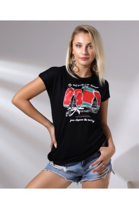 Bisiklet Yaka Kısa Kollu Normal Size Baskılı Basic Kadın T-Shirt 20479 SİYAH