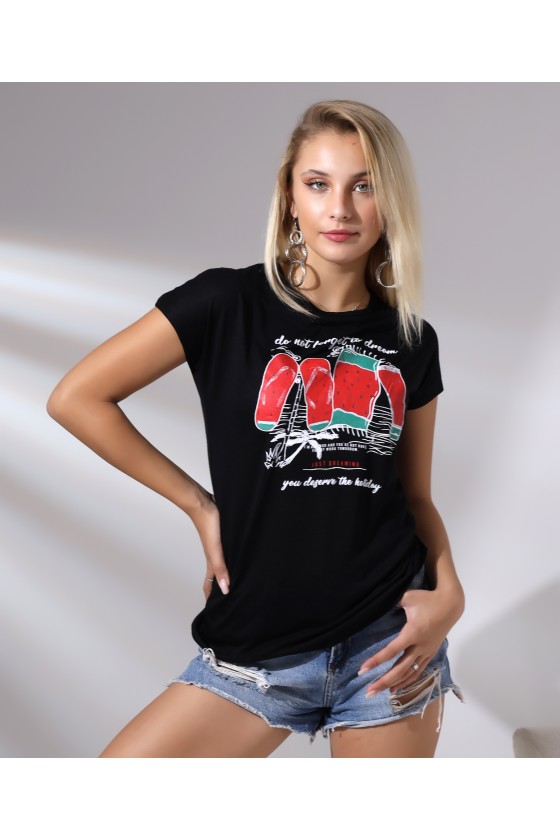 Bisiklet Yaka Kısa Kollu Normal Size Baskılı Basic Kadın T-Shirt 20479 SİYAH