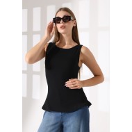 Relax Fit Rahat Kesim Kayıkçı Yaka Eteği Volanlı Yanları Kuplu Basic Kolsuz Kadın T-Shirt 22070 SİYAH