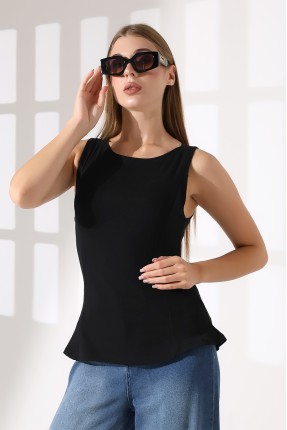 Relax Fit Rahat Kesim Kayıkçı Yaka Eteği Volanlı Yanları Kuplu Basic Kolsuz Kadın T-Shirt 22070 SİYAH