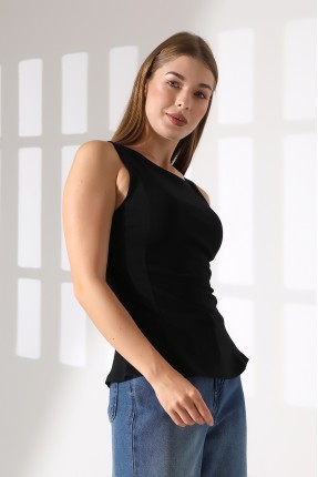 Relax Fit Rahat Kesim Kayıkçı Yaka Eteği Volanlı Yanları Kuplu Basic Kolsuz Kadın T-Shirt 22070 SİYAH