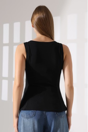 Relax Fit Rahat Kesim Kayıkçı Yaka Eteği Volanlı Yanları Kuplu Basic Kolsuz Kadın T-Shirt 22070 SİYAH