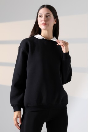 Relax Rahat Salaş Geniş Kesim Gömlek Yaka Pamuklu Kadın Sweatshirt 21985 SİYAH