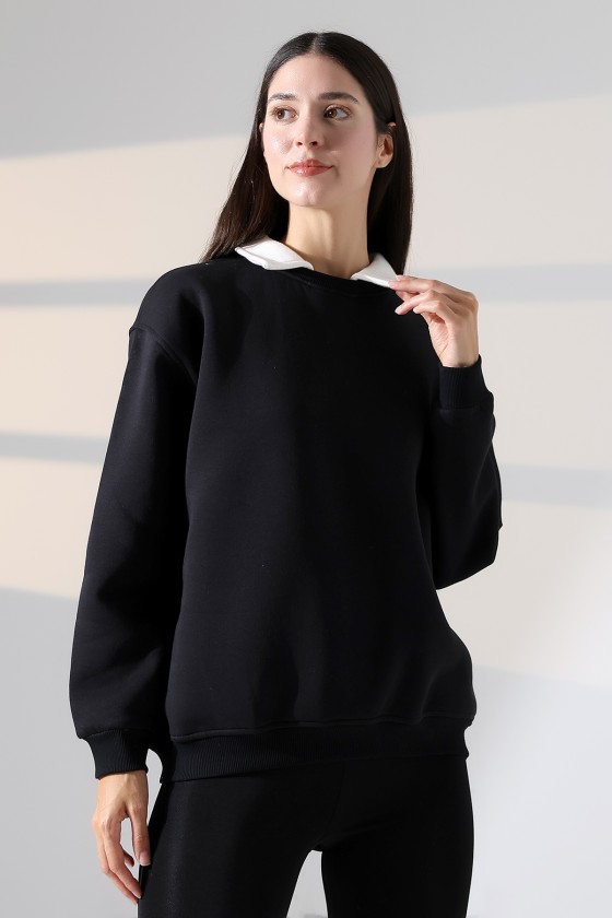 Relax Rahat Salaş Geniş Kesim Gömlek Yaka Pamuklu Kadın Sweatshirt 21985 SİYAH