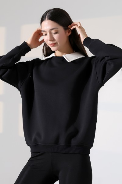 Relax Rahat Salaş Geniş Kesim Gömlek Yaka Pamuklu Kadın Sweatshirt 21985 SİYAH