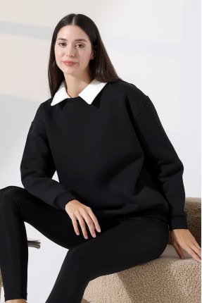 Relax Rahat Salaş Geniş Kesim Gömlek Yaka Pamuklu Kadın Sweatshirt 21985 SİYAH