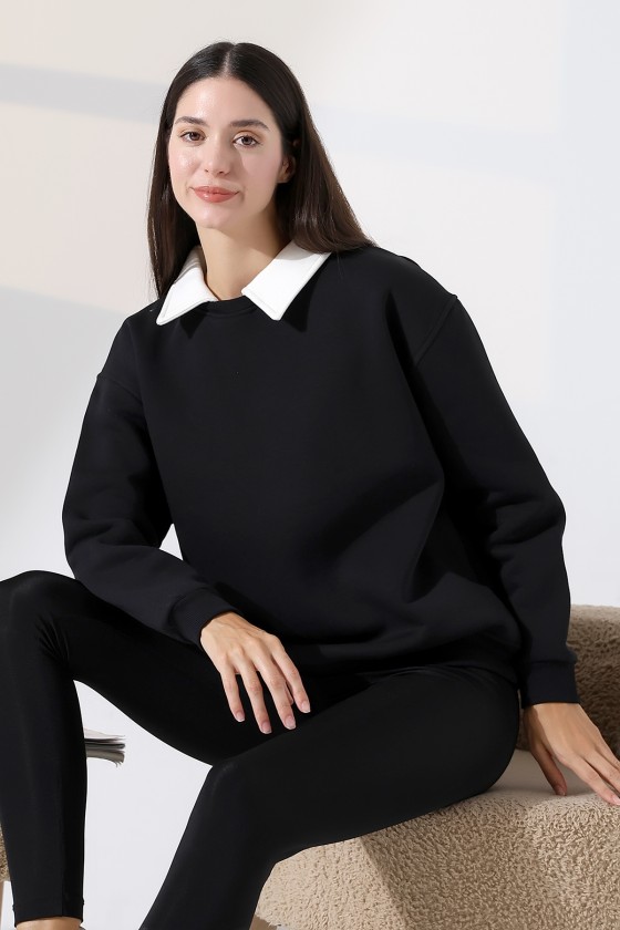 Relax Rahat Salaş Geniş Kesim Gömlek Yaka Pamuklu Kadın Sweatshirt 21985 SİYAH
