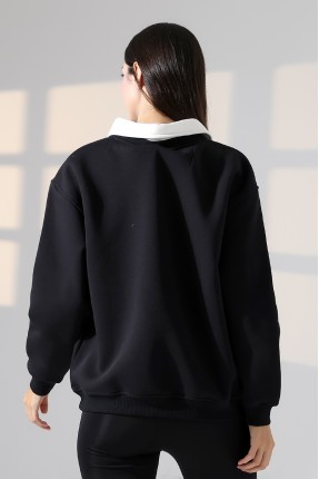 Relax Rahat Salaş Geniş Kesim Gömlek Yaka Pamuklu Kadın Sweatshirt 21985 SİYAH