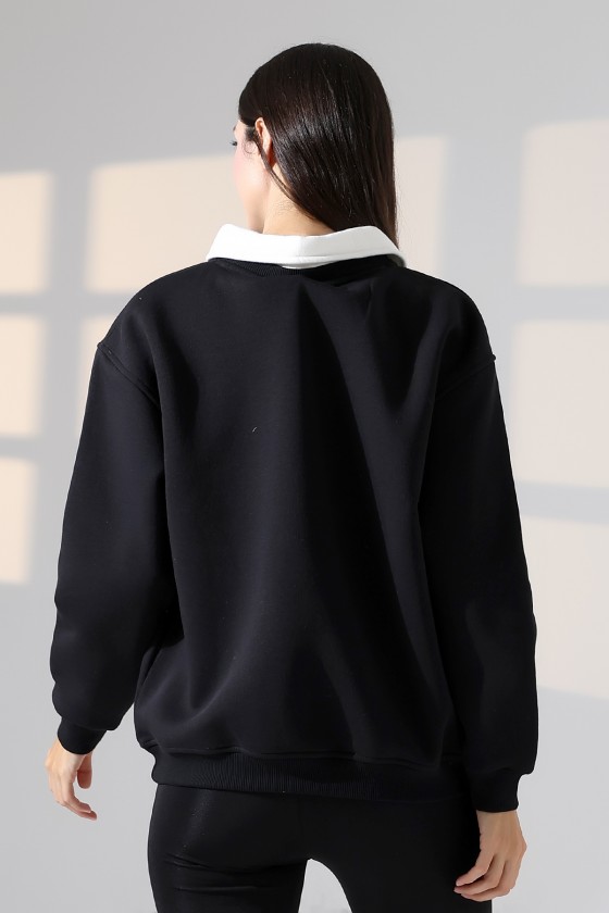 Relax Rahat Salaş Geniş Kesim Gömlek Yaka Pamuklu Kadın Sweatshirt 21985 SİYAH