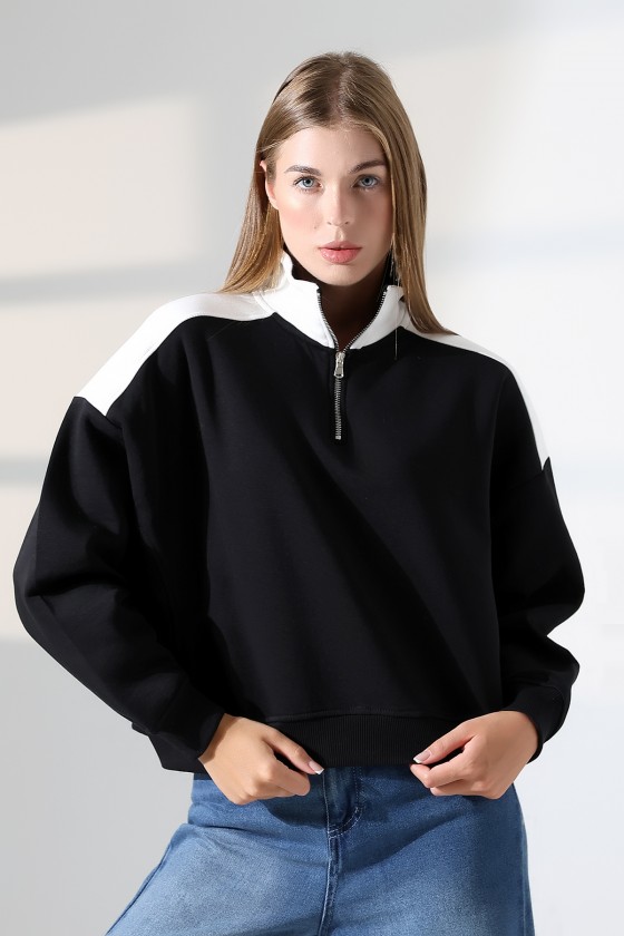 Relax Kesim Yarım Fermuarlı Dik Gömlek Yaka Kolları Geniş Yanları Parçalı Kadın Sweatshirt 21963 SİYAH