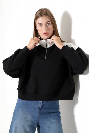 Relax Kesim Yarım Fermuarlı Dik Gömlek Yaka Kolları Geniş Yanları Parçalı Kadın Sweatshirt 21963 SİYAH