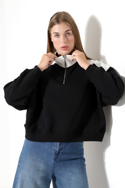 Relax Kesim Yarım Fermuarlı Dik Gömlek Yaka Kolları Geniş Yanları Parçalı Kadın Sweatshirt 21963 SİYAH
