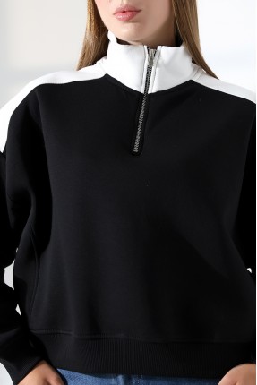 Relax Kesim Yarım Fermuarlı Dik Gömlek Yaka Kolları Geniş Yanları Parçalı Kadın Sweatshirt 21963 SİYAH