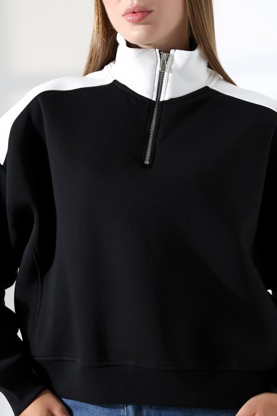 Relax Kesim Yarım Fermuarlı Dik Gömlek Yaka Kolları Geniş Yanları Parçalı Kadın Sweatshirt 21963 SİYAH