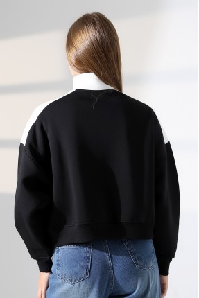 Relax Kesim Yarım Fermuarlı Dik Gömlek Yaka Kolları Geniş Yanları Parçalı Kadın Sweatshirt 21963 SİYAH