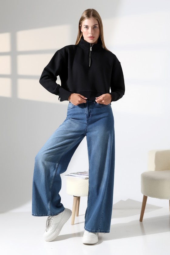 Relax Rahat Salaş Geniş Kesim Yarım Fermuarlı Dik Yaka Yanları Yırtmaçlı Pamuklu Kadın Sweatshirt 21967 SİYAH