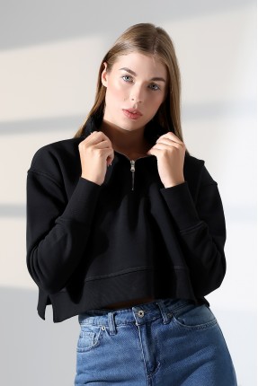 Relax Rahat Salaş Geniş Kesim Yarım Fermuarlı Dik Yaka Yanları Yırtmaçlı Pamuklu Kadın Sweatshirt 21967 SİYAH