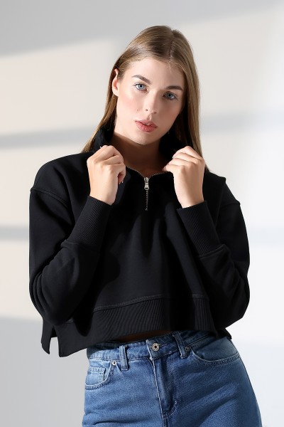 Relax Rahat Salaş Geniş Kesim Yarım Fermuarlı Yanları Yırtmaçlı Pamuklu Kadın Sweatshirt 21967 SİYAH