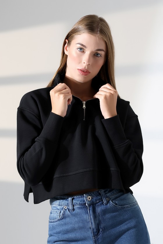 Relax Rahat Salaş Geniş Kesim Yarım Fermuarlı Dik Yaka Yanları Yırtmaçlı Pamuklu Kadın Sweatshirt 21967 SİYAH