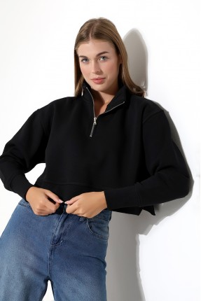 Relax Rahat Salaş Geniş Kesim Yarım Fermuarlı Dik Yaka Yanları Yırtmaçlı Pamuklu Kadın Sweatshirt 21967 SİYAH