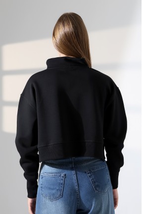 Relax Rahat Salaş Geniş Kesim Yarım Fermuarlı Dik Yaka Yanları Yırtmaçlı Pamuklu Kadın Sweatshirt 21967 SİYAH