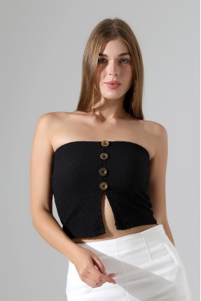 Slim Fit Dar Kesim Jakarlı Viyana Önü 4 Düğmeli Kadın Straplez Crop Atlet 22057 SİYAH