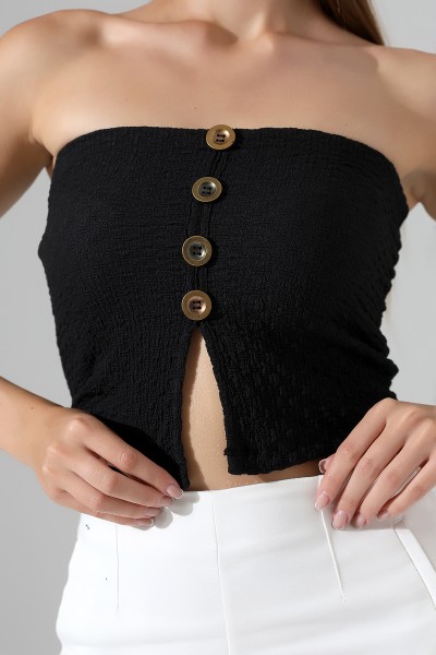 Slim Fit Dar Kesim Jakarlı Viyana Önü 4 Düğmeli Kadın Straplez Crop Atlet 22057 SİYAH