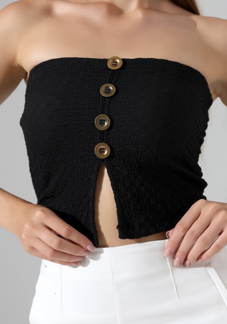 Slim Fit Dar Kesim Jakarlı Viyana Önü 4 Düğmeli Kadın Straplez Crop Atlet 22057 SİYAH