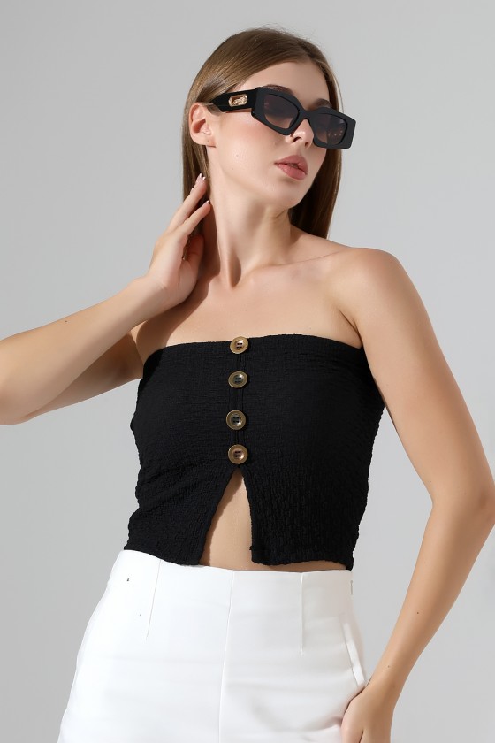 Slim Fit Dar Kesim Jakarlı Viyana Önü 4 Düğmeli Kadın Straplez Crop Atlet 22057 SİYAH