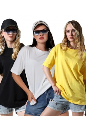 Kadın 3'Lü Paket Oversize Bisiklet Yaka %100 Pamuk Penye Kompakt Basic T-Shirt 31752 SİYAH-BEYAZ-SARI