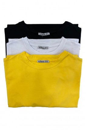 Kadın 3'Lü Paket Oversize Bisiklet Yaka %100 Pamuk Penye Kompakt Basic T-Shirt 31752 SİYAH-BEYAZ-SARI