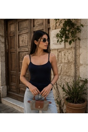 Slim Fit Dar Kesim İnce Askılı U Yaka Yumuşak Dokulu Basic Kadın Body Atlet 22001 LACİVERT